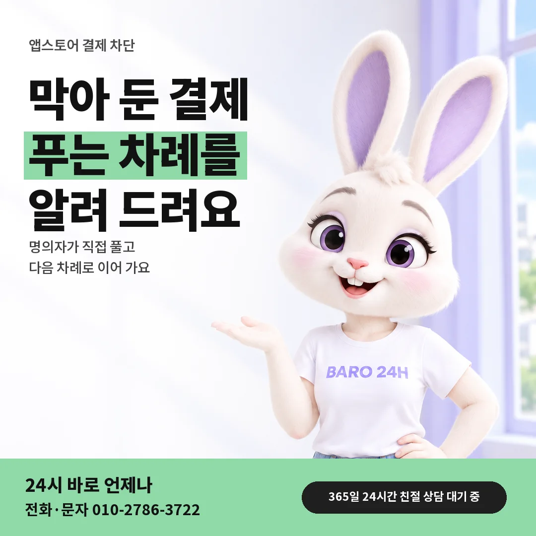 BARO 24H 티셔츠를 입은 3D 토끼 캐릭터 옆에 「앱스토어 결제 차단 해제 안내」 제목을 얹은 안내 카드