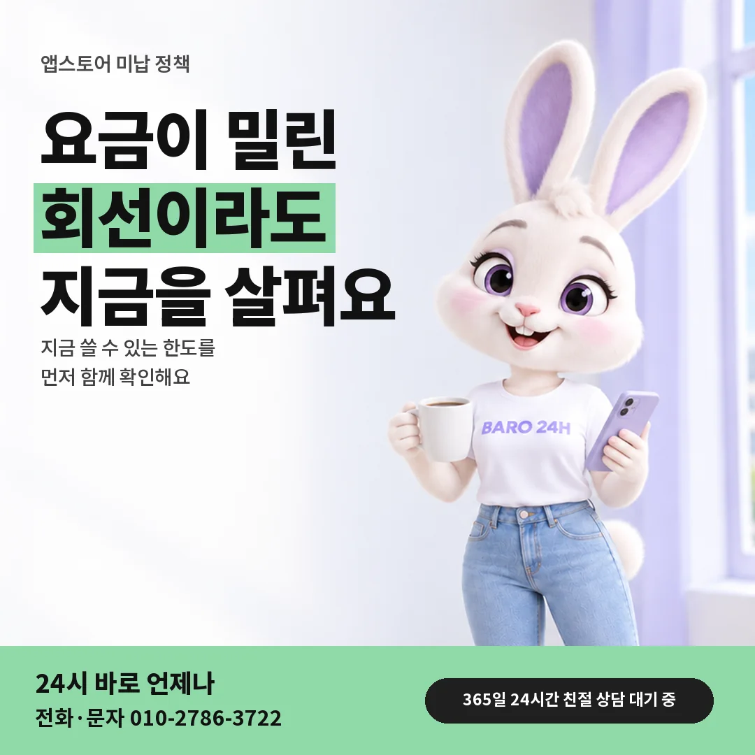 휴대폰을 보며 웃는 BARO 24H 티셔츠를 입은 3D 토끼 캐릭터 옆에 「앱스토어 미납 뒤 정책」 제목을 얹은 안내 카드