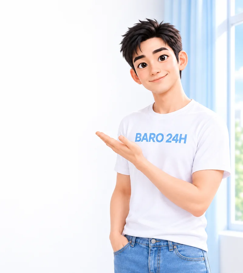 휴대폰을 들고 상담을 안내하는 BARO 24H 티셔츠 차림의 20대 3D 인물